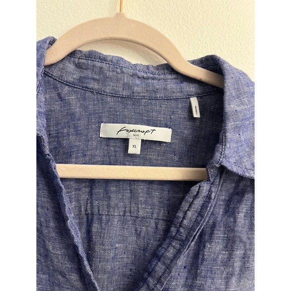 Foxcroft NYC Women’s  Linen Button Down large Blue Split Neck Side Slit Blouse - Picture 4 of 6